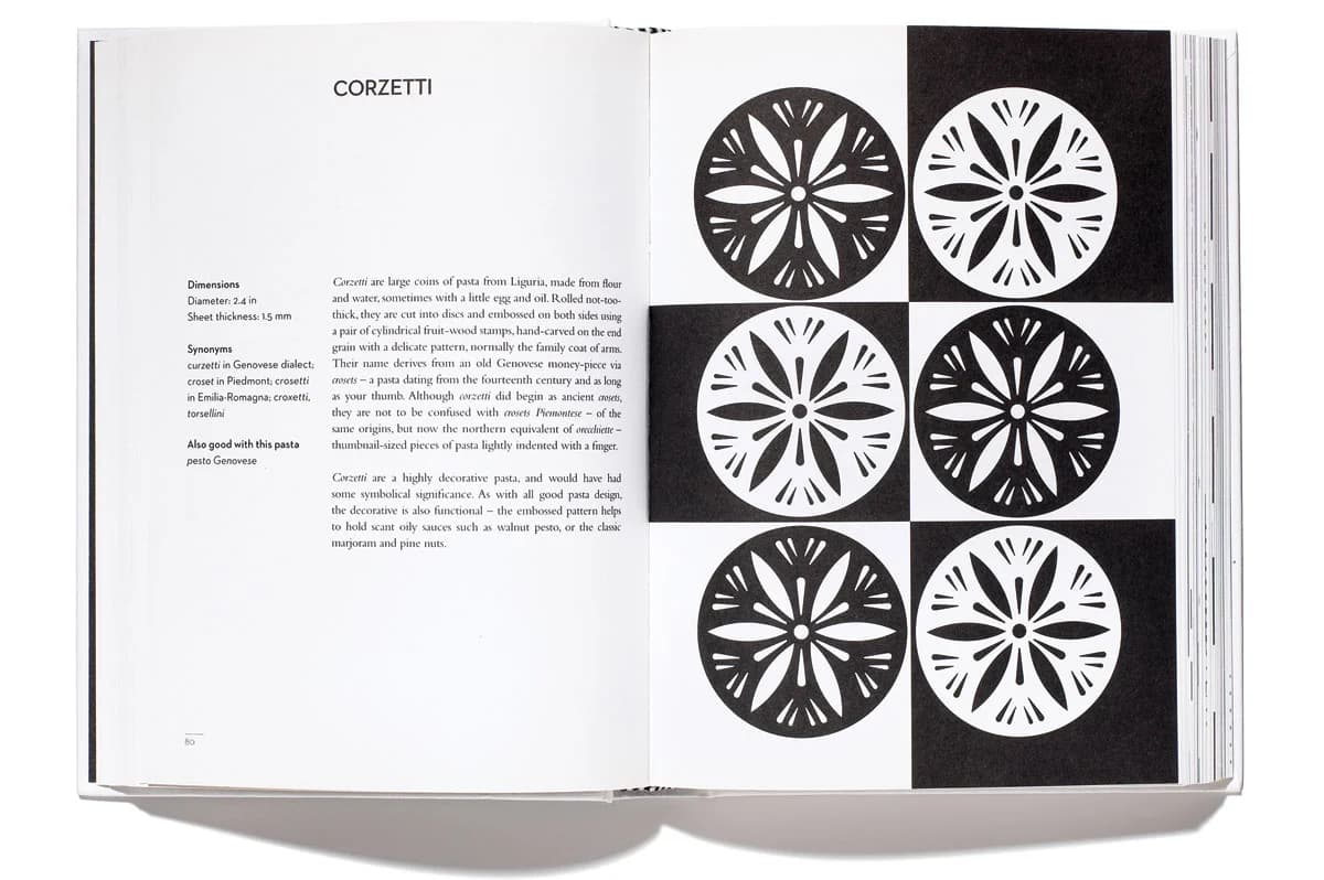 The Geometry of Pasta — black-and-white architectural pasta drawings, spread layout