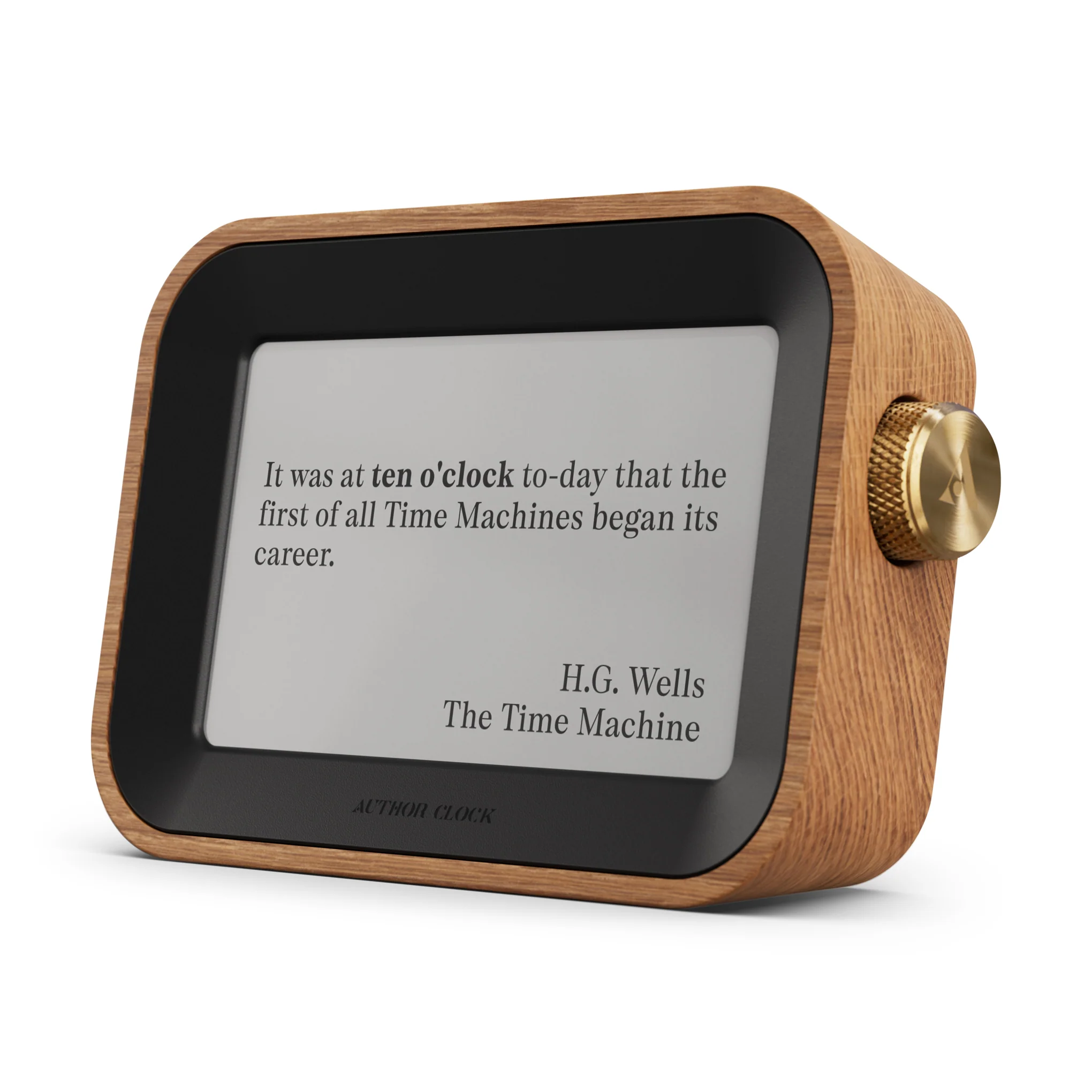 Author Clock — literary desk clock with e-paper display, white oak housing and brass base