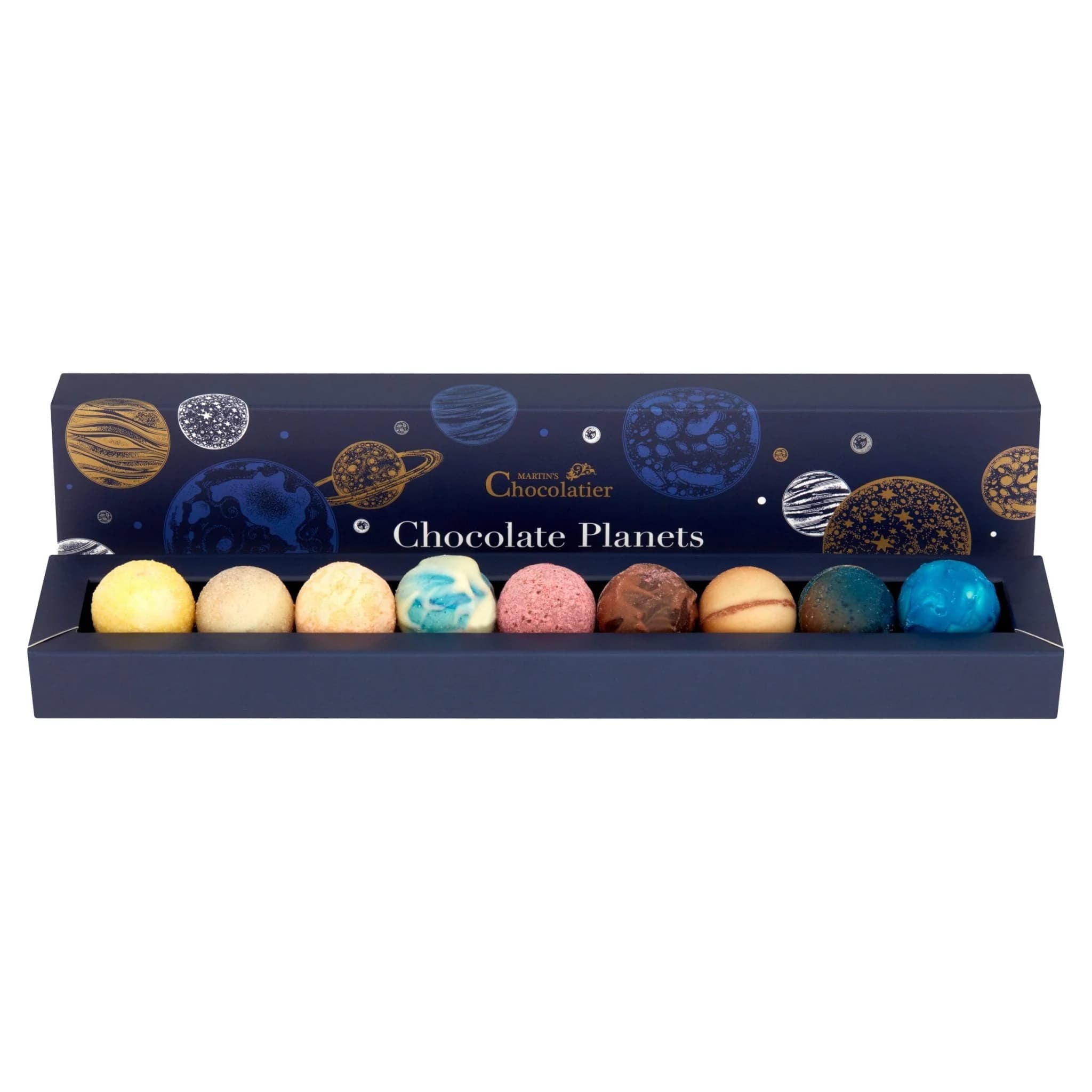 Martin's Chocolatier Chocolate Planets — box open showing nine planet truffles in orbital order