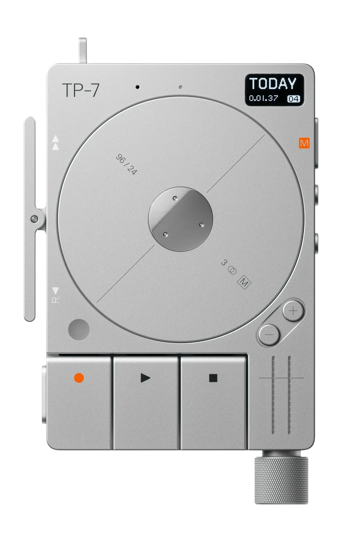 Teenage Engineering TP-7 field recorder, aluminum body with a motorized reel, seen from the front