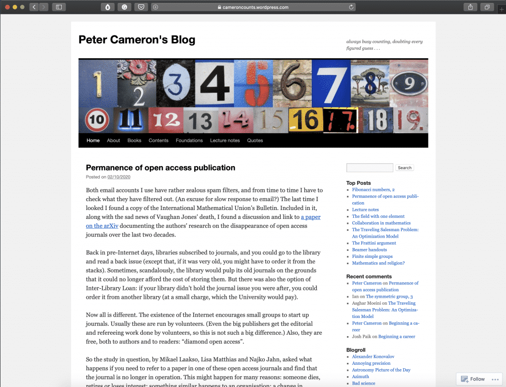 Peter Camerons’ Blog | Best Math Blogs Directory | Abakcus