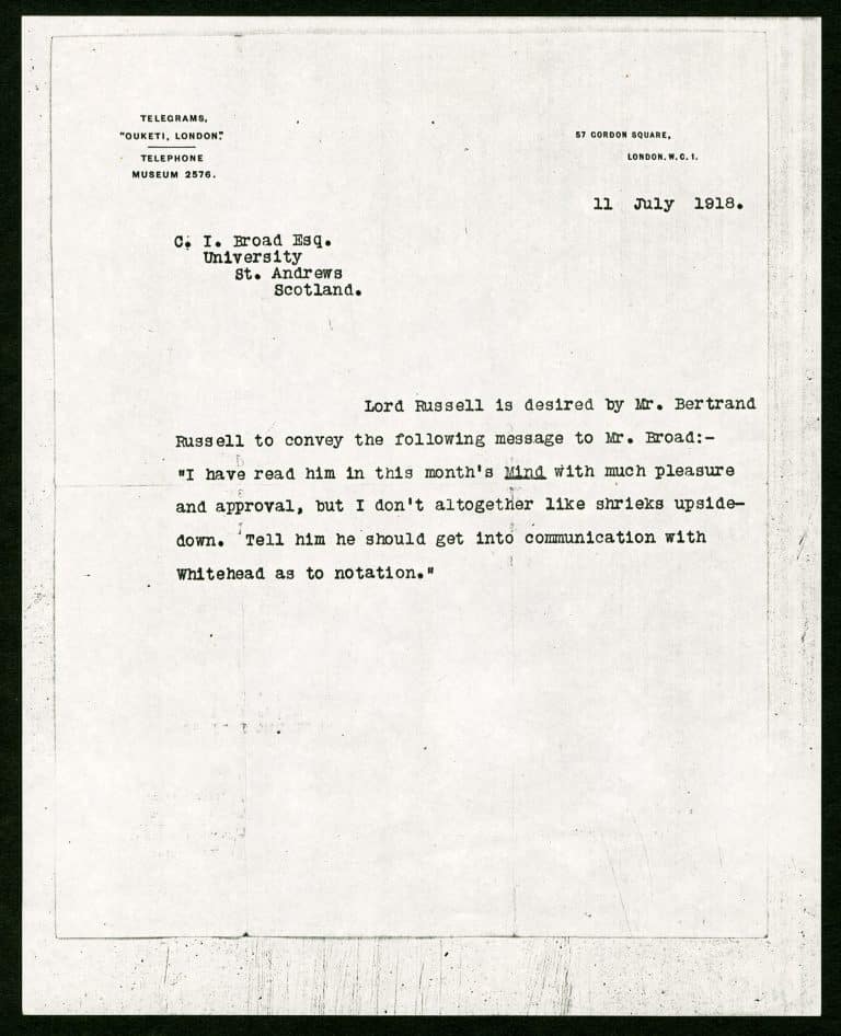Bertrand Russell to C.D. Broad via Frank Russell
