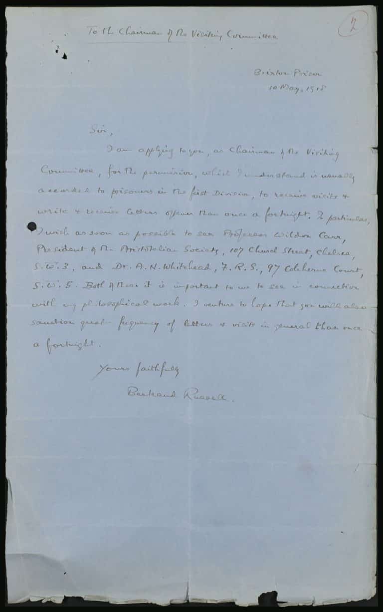 Bertrand Russell to Chairman of the Brixton Prison Visiting Committee Sir Vansittart Bowater